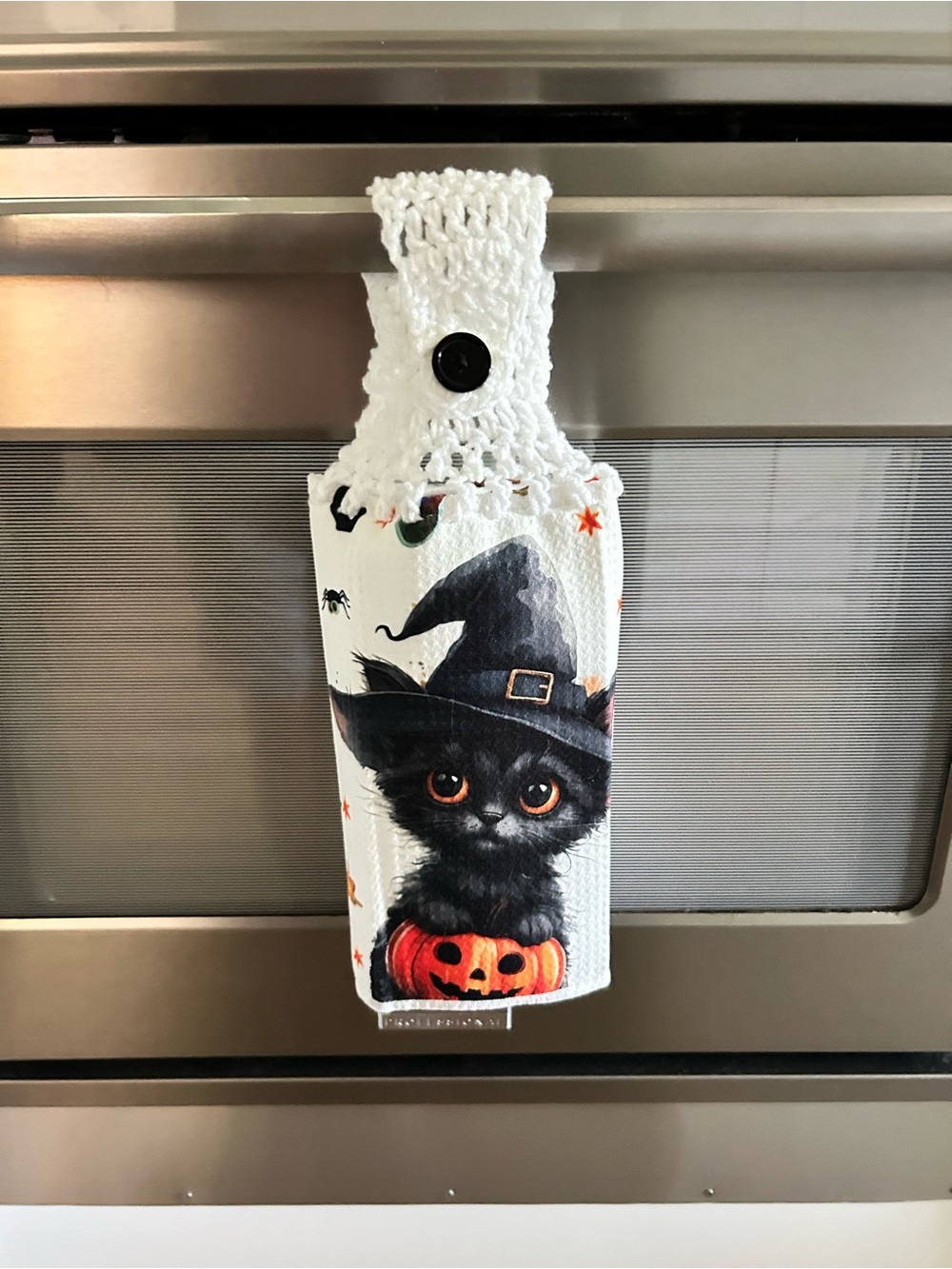 Hand Crafted Halloween Black & Orange Witch Kitten Hanging Kitchen Hand  Towel - Picture 5 of 8